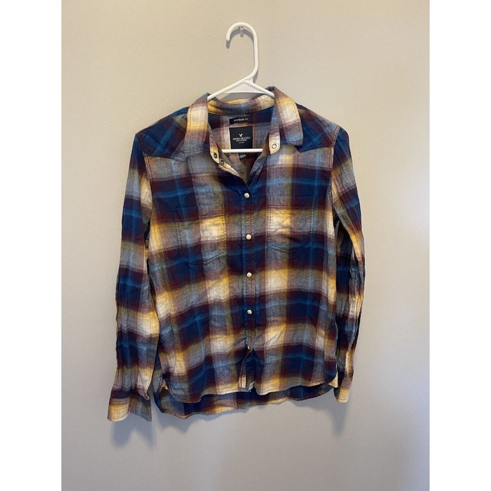 American Eagle Blue Plaid Boyfriend Fit Long Sleeve Flannel Shirt or Top Sz M